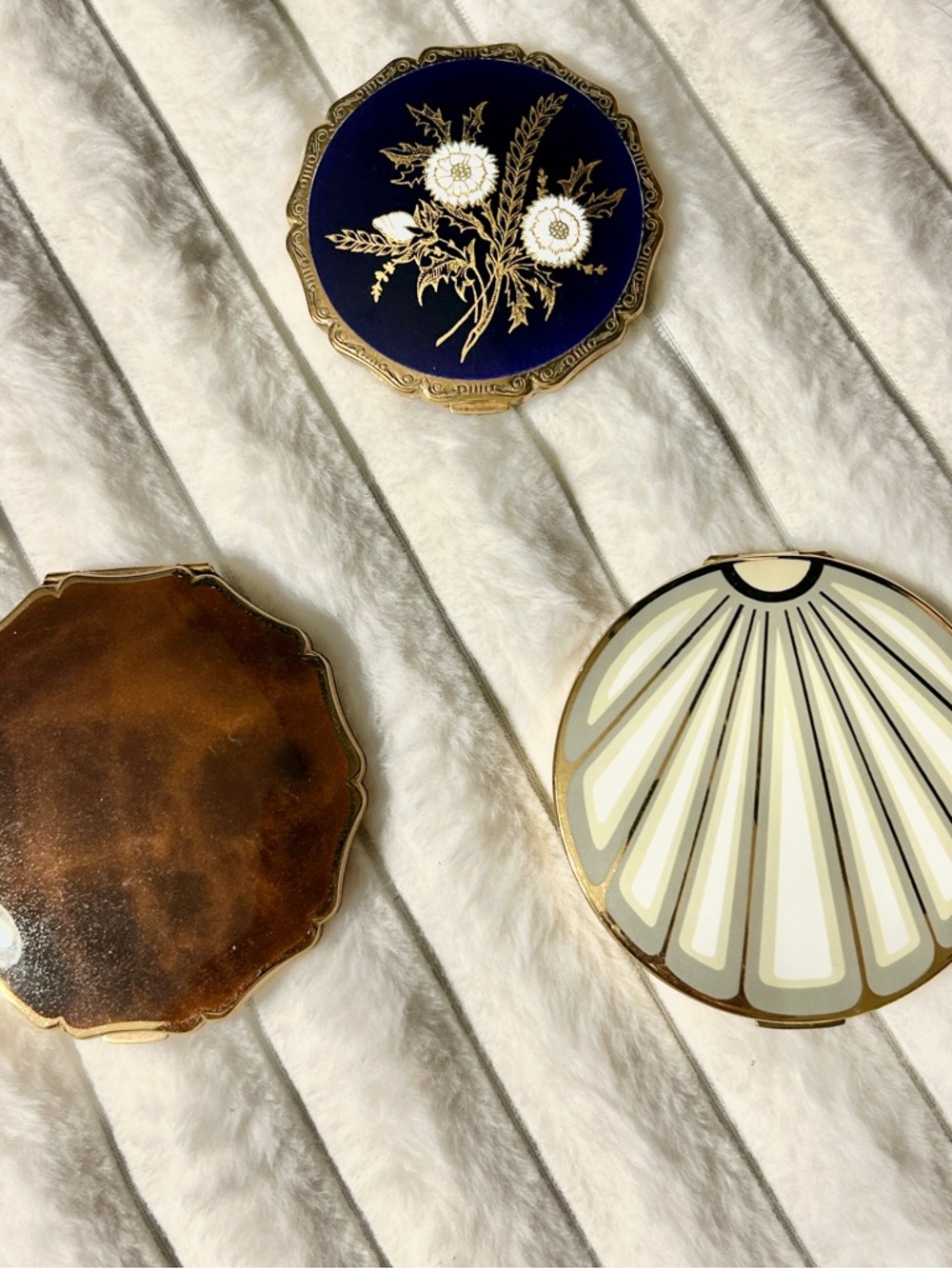 Stratton Vintage Compact Mirrors - Navy Floral, Shell Motif, Brown Tooled Pick 1